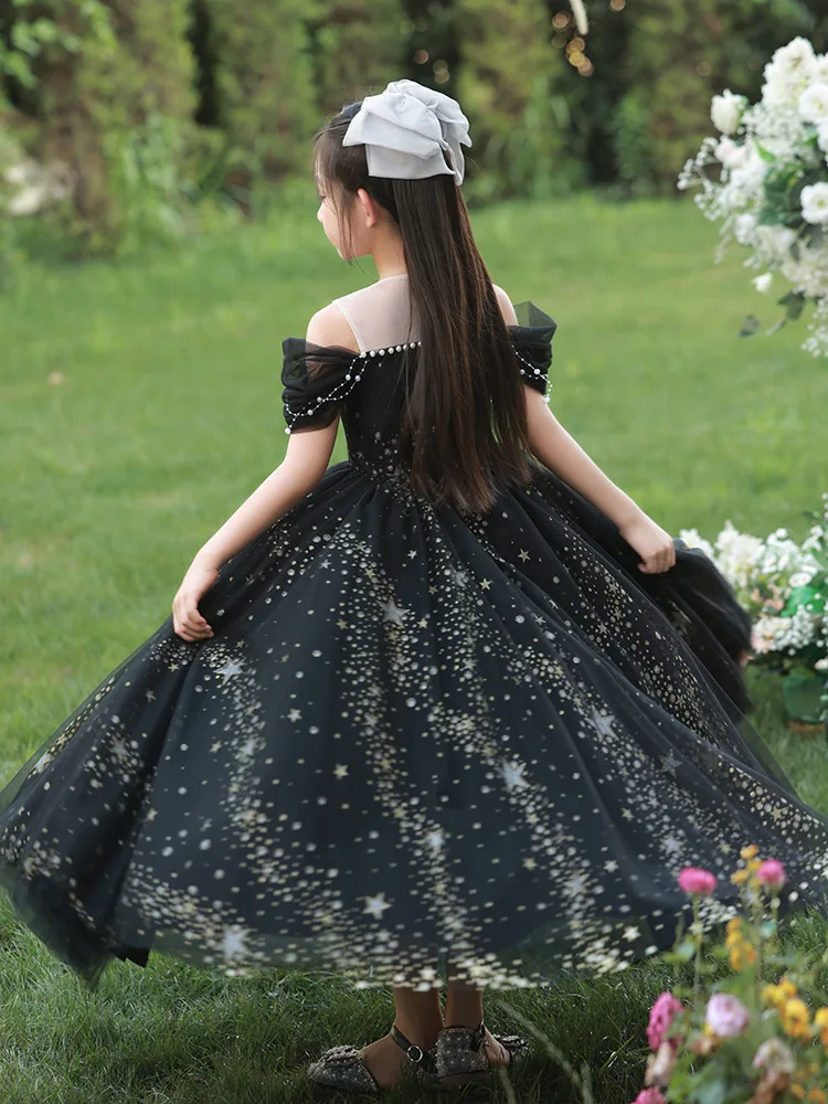 green emerald velvet dress Fiona Flower Luxury Girls Dress - Noir Black main image 1