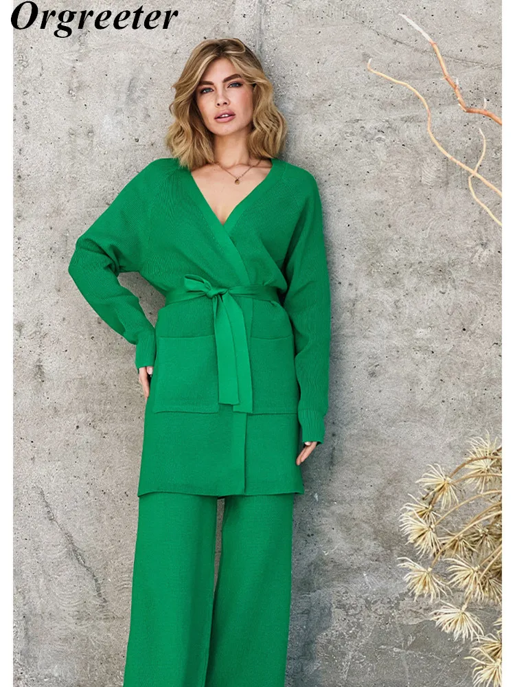 

Женский трикотажный костюм из двух предметов, длинный кардиган оверсайз на шнуровке и брюки с широкими штанинами, спортивный костюм, Осень-зима