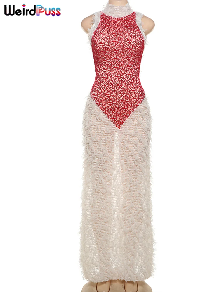 Weird Puss Sexy Hollow Backless Dress Women Chic Short Tassels See Through Sleeveless Contrast Sexy Birthday Party Maxi Bodycon 6