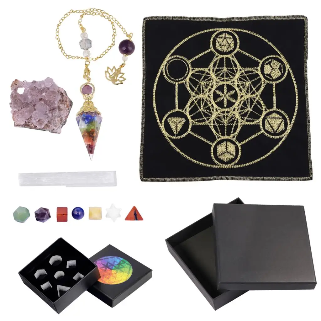 Natural Amethyst Cluster Healing 7 Chakra Pendulum Merkaba Stone Kit With Archangel Metatron Mat For Meditation Balancing