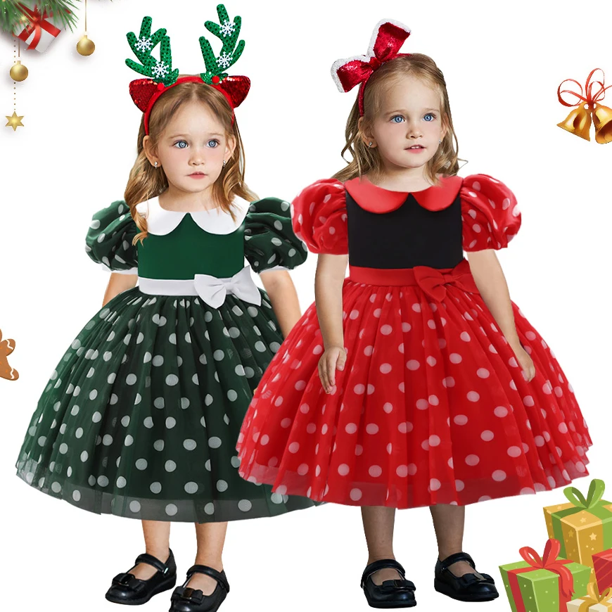 

Праздничные платья для маленьких девочек, Рождественский костюм в горошек для малышей, платье принцессы на день рождения для малышей 1 года, летняя одежда для маленьких девочек