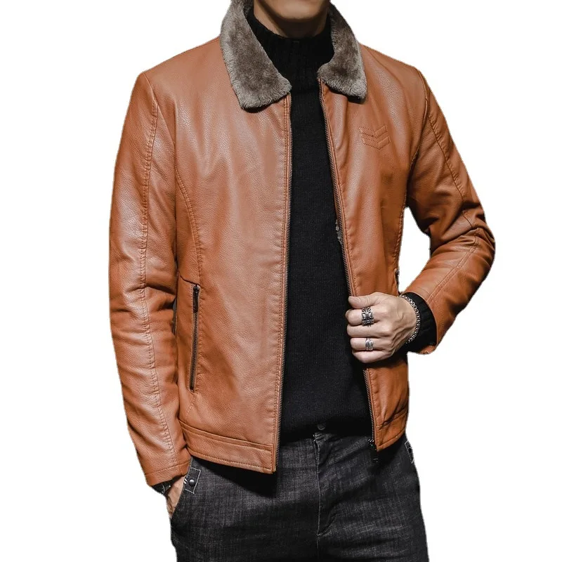 2024 New Men Leather Jacket with Flip Collar for Middle Aged Elderly Men Clothing Plush Thick Trendy Fur Leather Jacket for Men