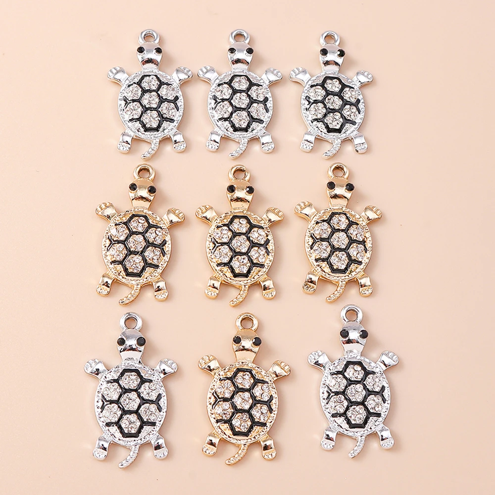 Leslie 10 Stück luxuriöse, gold- und silberplattierte Kristall-Schildkröten-Anhänger für Armbänder, Halsketten, Ohrringe, handgefertigter DIY-Schmuck
