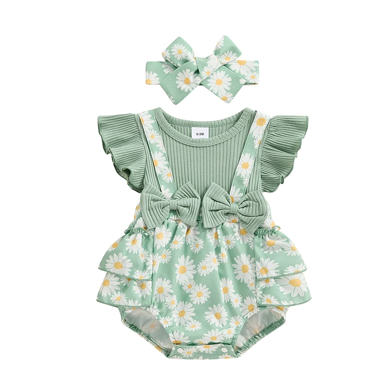 

Bmnmsl Newborn Girl Outfit, Fly Sleeve Flower Print Bow Patchwork Romper with Hairband Summer Clothes