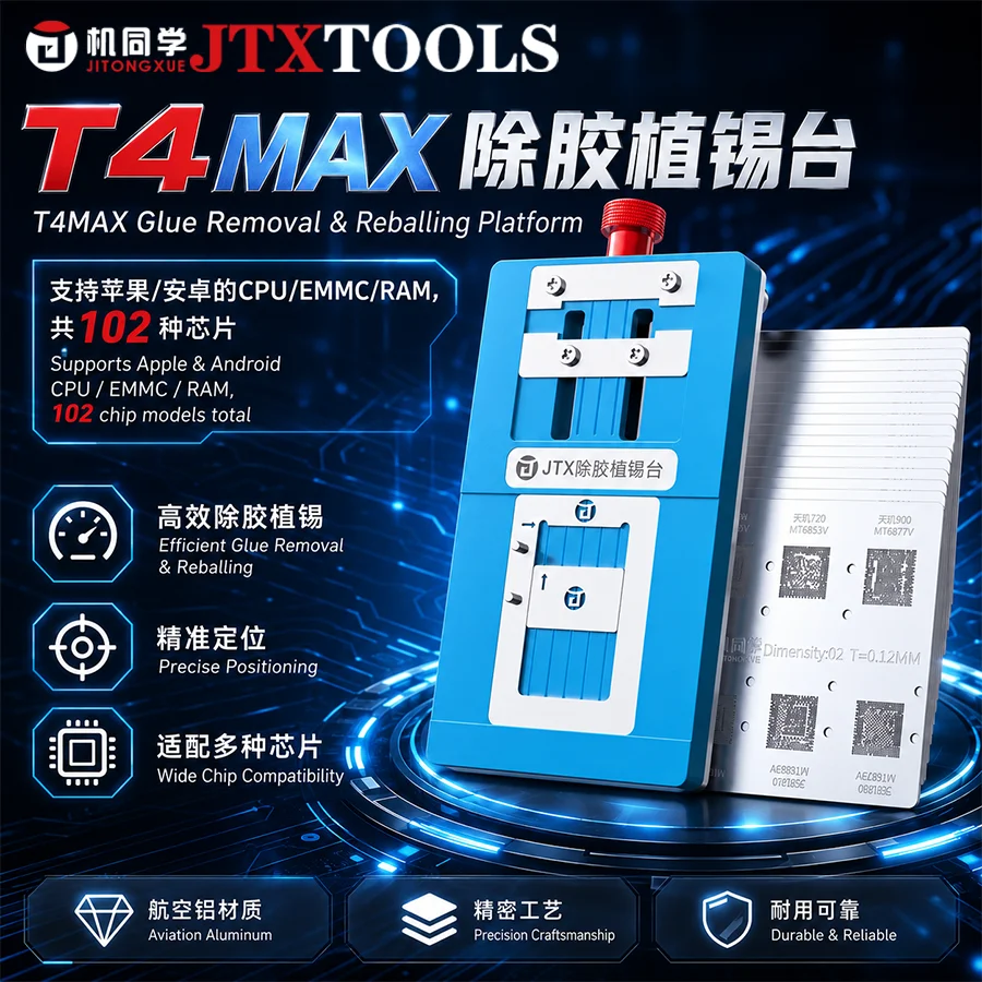 JTX T4 MAX Universal-Chip-Entfernungssystem mit Zinnplattform, geeignet für IP-/Android-CPU, EMMC, RAM, 84 Chipmodelle, inklusive 14 Schablonen.