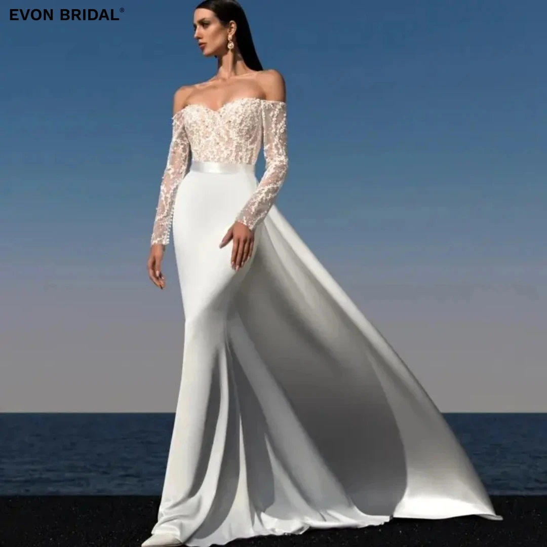 

EVON BRIDAL Simple Off the Shouder Modest Sleeveless Wedding Dresses for Women Floor Length Backless Stain Mermaid Prom Dresses