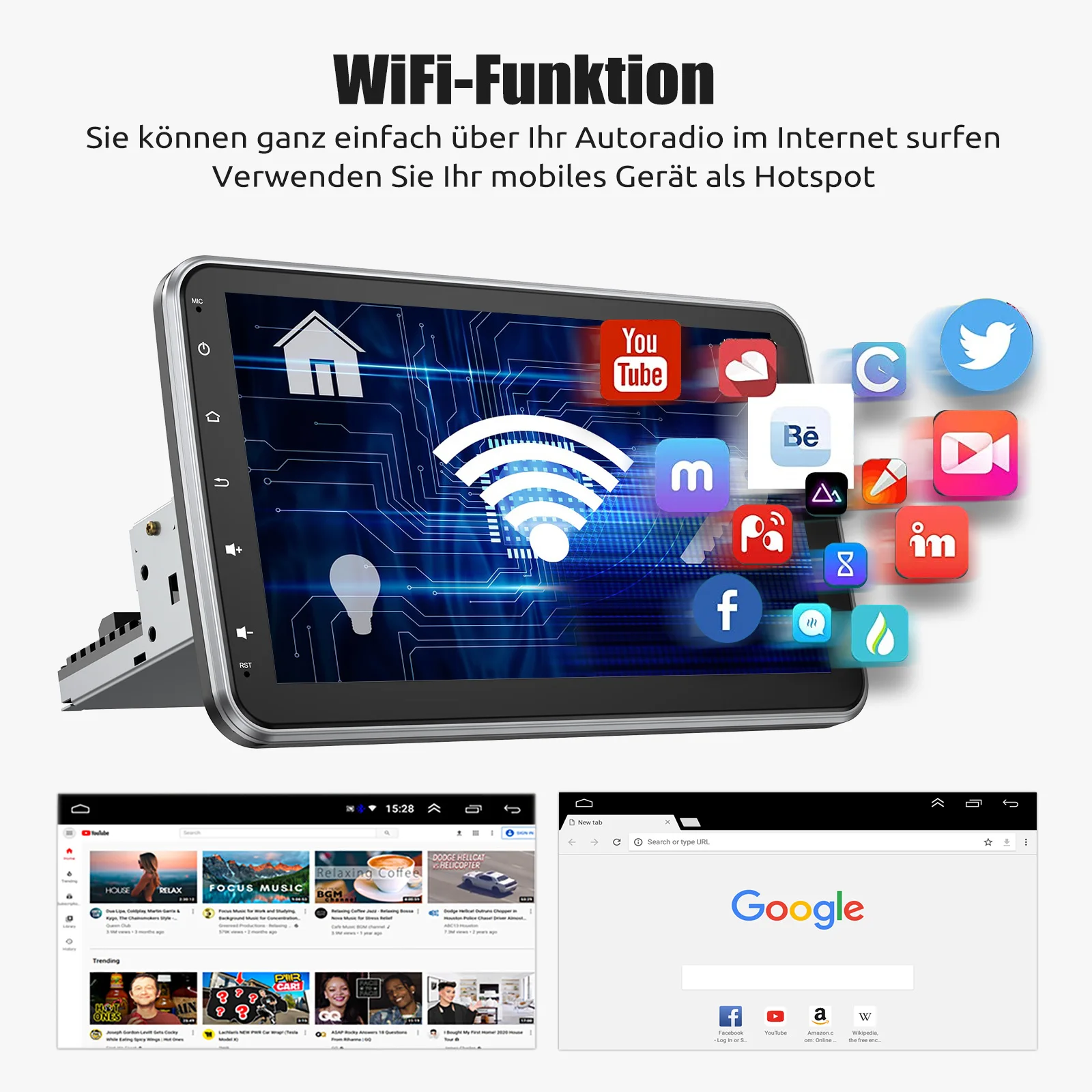 ESSGOO Android 15 64G 10.1" 360 ° Autoradio Universal con Pantalla Táctil 1 DIN, CarPlay Inalámbrico, Android Auto, GPS, Navegador, RDS, WiFi, FM, SWC, BT 4