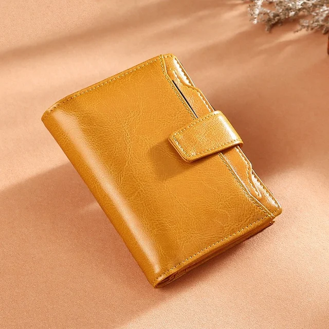 Women Wallet Genuine Leather Retro Oil Wax Cowhide Fashion Girls Wallet Short Zipper Cute Small Coin Purse for Women Yellow