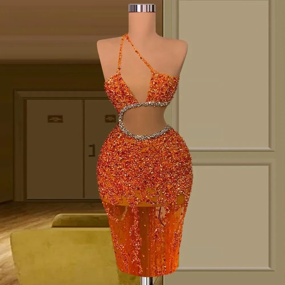 Sexy Cocktail Dresses Sheath One-shoulder Short Mini Sequins Beaded Homecoming Dresses Customized