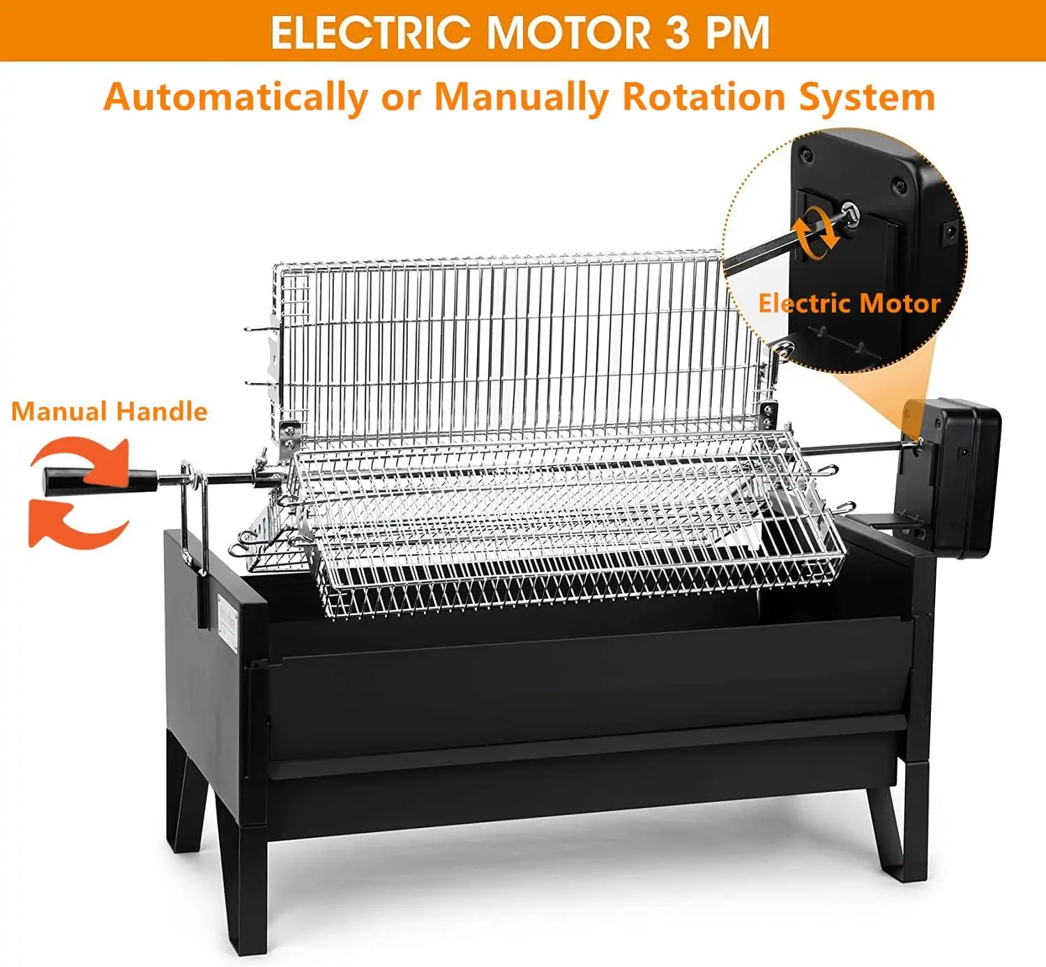 Charcoal Grill Rotisserie Kit with 3 Stainless Steel Rotating Baskets and 24 In Grill Grate, Auto Swivel BBQ Roasting Machine fo 5