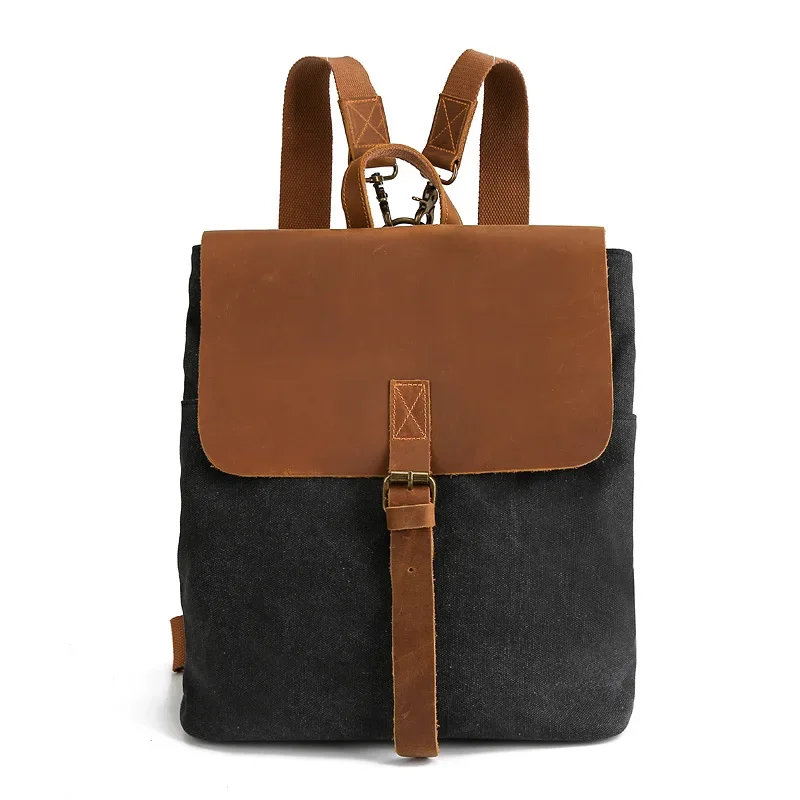 Vintage Canvas Backpack Men's Crazy Horse Genuine Leather Canvas Bag Outdoor Travel Backpack