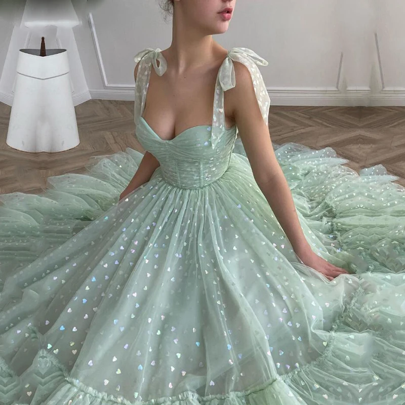 Sweetheart Mint Green Tulle Tea Length Wedding Party Gown Short Graduation Robes de cocktail Shiny Fairy Prom Dresses evening wear dresses