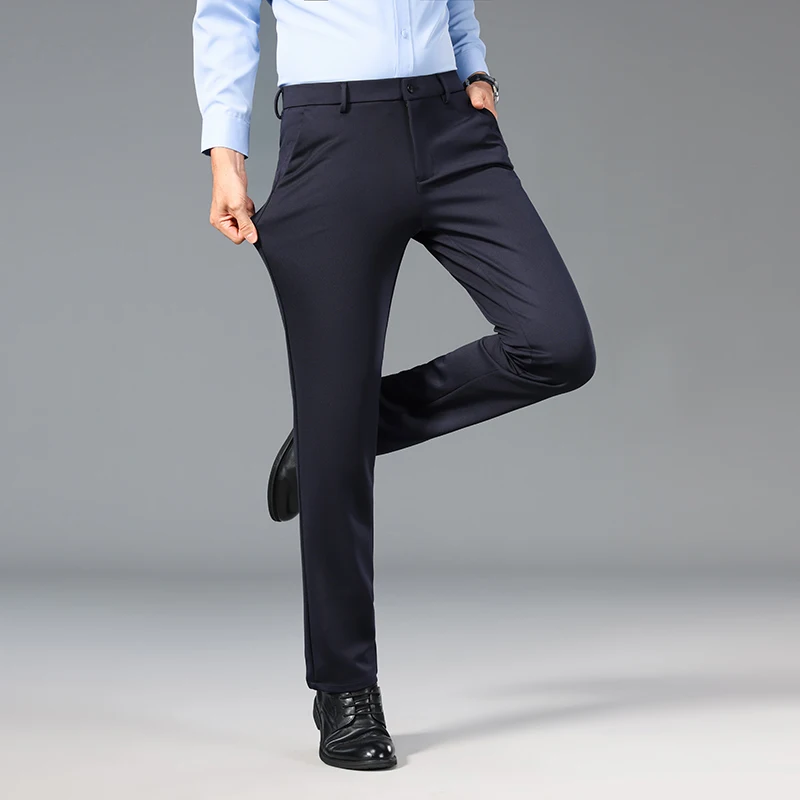 Stylish Solid Color Suit Pants All-match 2024 Summer New Straight Elastic Business Casual Men's Clothing Button Commute Trousers