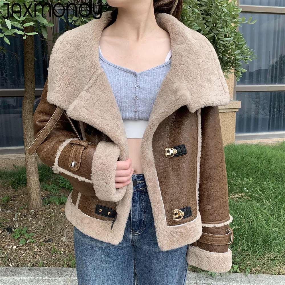 

Jaxmonoy Women Real Shearling Coat Autumn Winter Lamb Fur Crop Jacket Ladies Genuine Leather Short Style Outerwear New Style