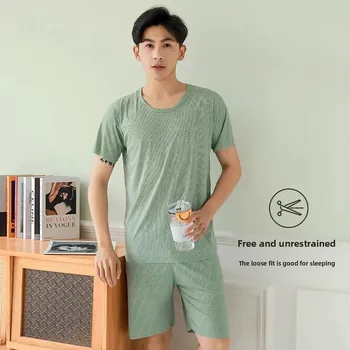 Ice Silk Sleepwear Short Sleeve Five-Point Pants Home Clothes Set for Men Women Couples Summer Lightweight Comfortable Pajamas