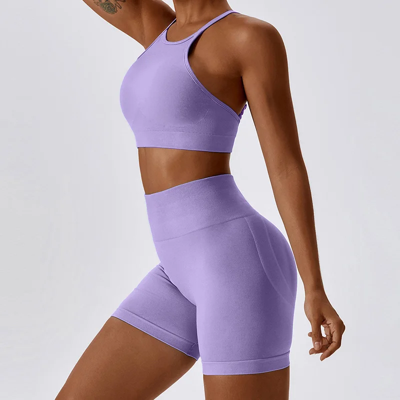Seamless High Stretch Yoga Set Women High Neck Open Back Sports Bra & Scrunch Butt Shorts 2Pcs Gym Suit yoga set sports set sportswear set fitness set sports bra set