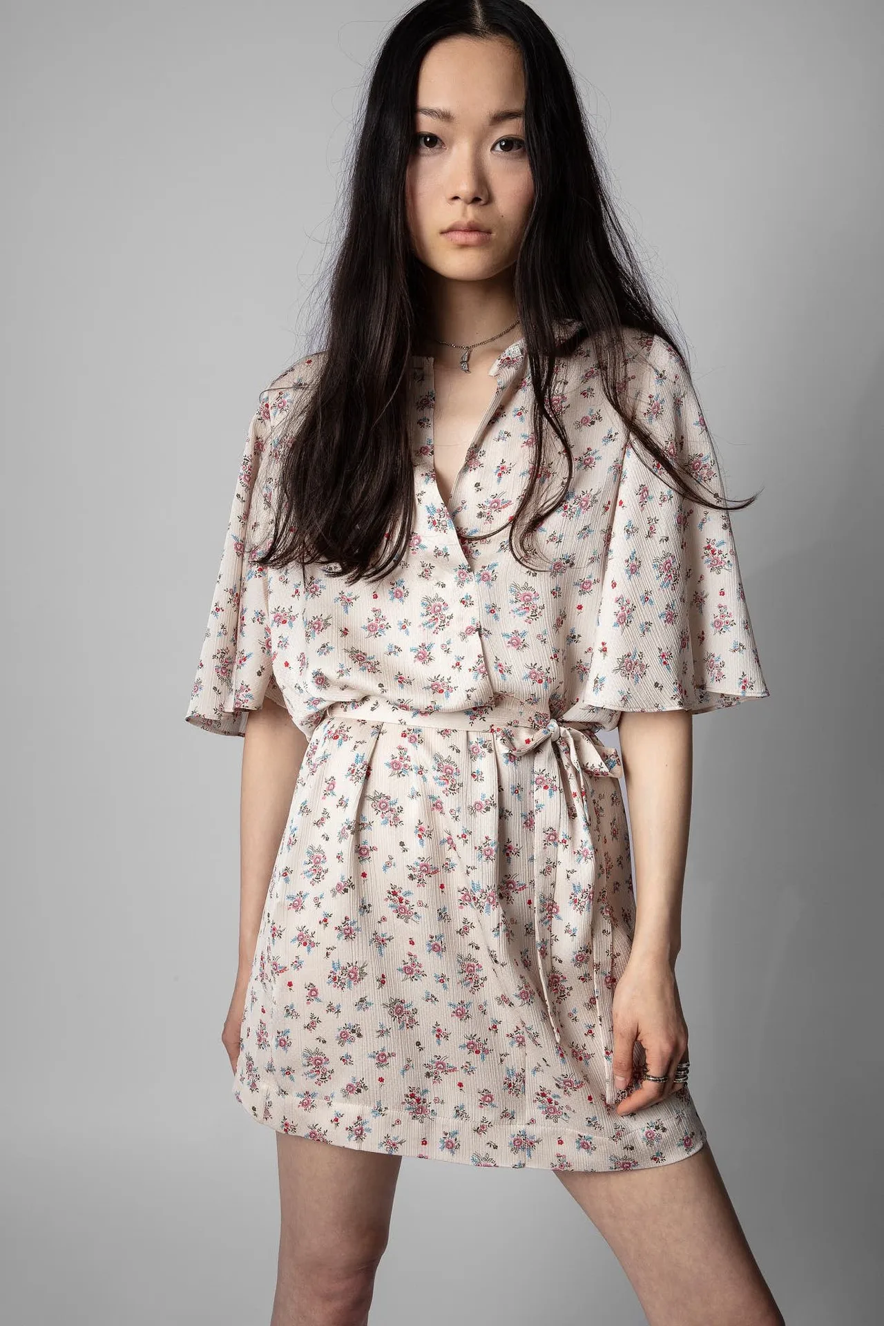 

Women Mini Robes Floral Print Two Pieces Set Shirt Sleeve Sashes Mini Dress