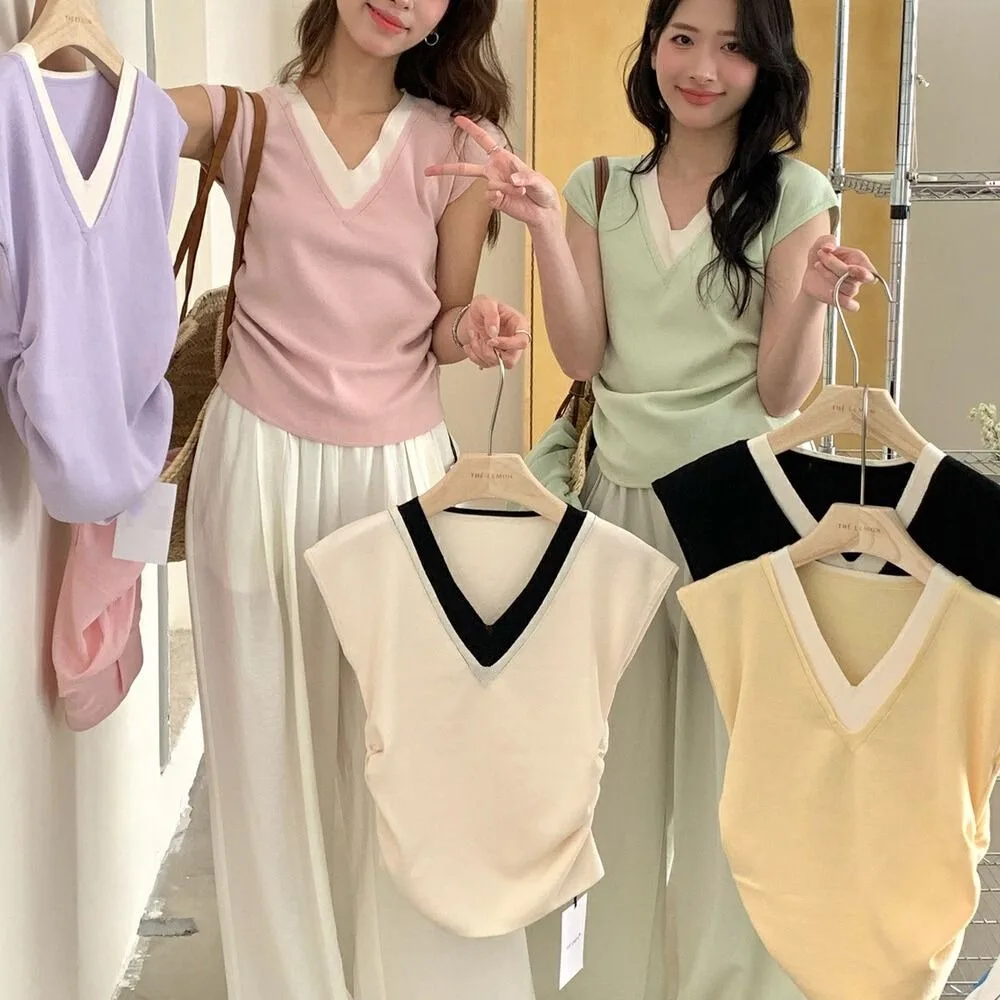 Simple Patchwork Fake Two Pieces T-shirts V-neck Short Sleeve Slim Crop Top Korean Style Sweet Girl's Top Lady Girl
