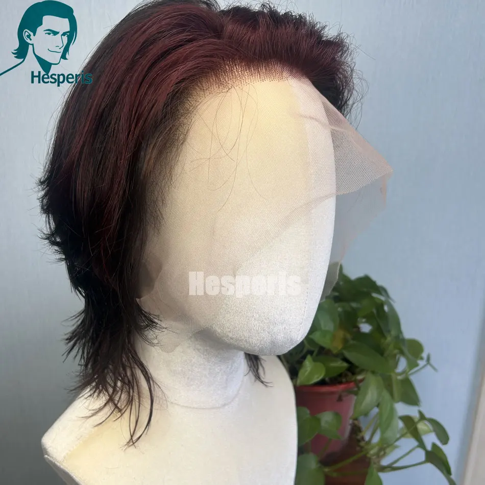헤스페리스 버건디 남성용 짧은 스트레이트 인모 가발 풀 레이스 프리컷 옴브레 99J 글루리스 가발 내추럴 하이라이트 스타일