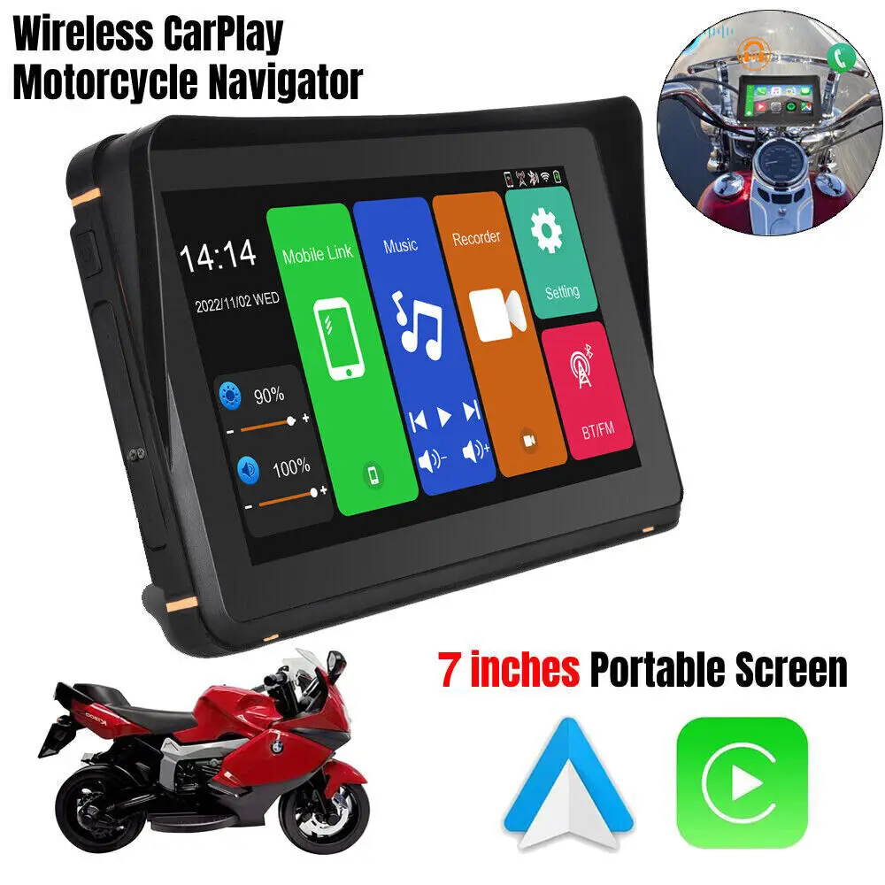 7 inch Motorcycle GPS Navigation Wireless CarPlay Android Auto Monitor IPX6 Waterproof