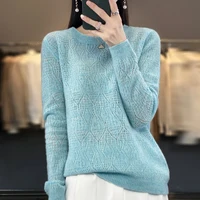 Women 100% Pure Merino Wool Sweater Round Collar Diamond Square Hollow Pullover Spring Autumn Basis Casual Warm Knitting Top 1