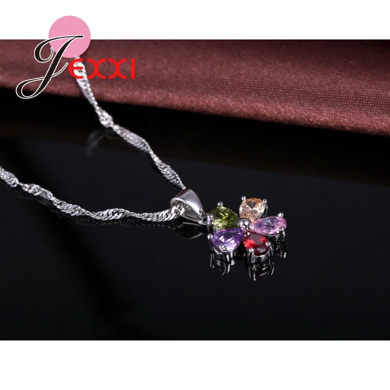 5 Color Petal 925 Sterling Silver Pendant Necklace Earrings Ear Sets Wedding Bridal Cubic Zirconia Crystal Jewelry Sets