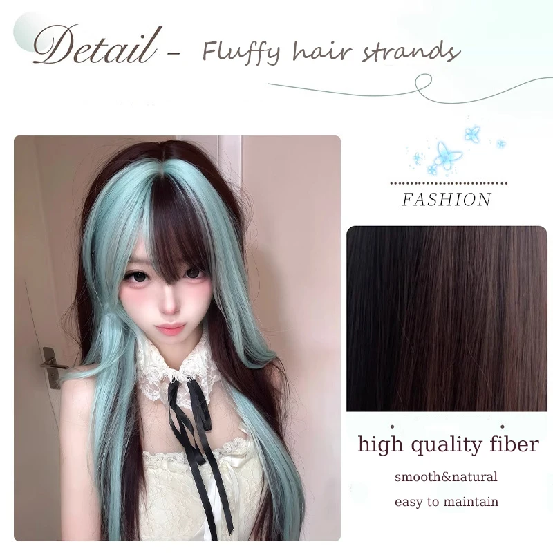 Synthetic Women Wigs 26inches Long Straight Hair Wig Mint Green Highlighted Wig with Hair Bangs for Women Daily or Cosplay Use