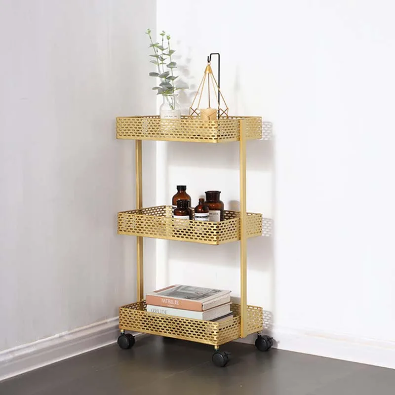 Golden Iron 3 Layers Storage Cart with Wheels Rack Storage Basket Shelf Household Kitchen Bathroom Bedroom Living Room