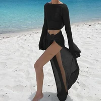 knitting Long Sleeve Bonds Top One piece Skirt Women Beach Vacation Bikini Cover Up Sun Bathing See-Through Sunscreen Smock - Image 5