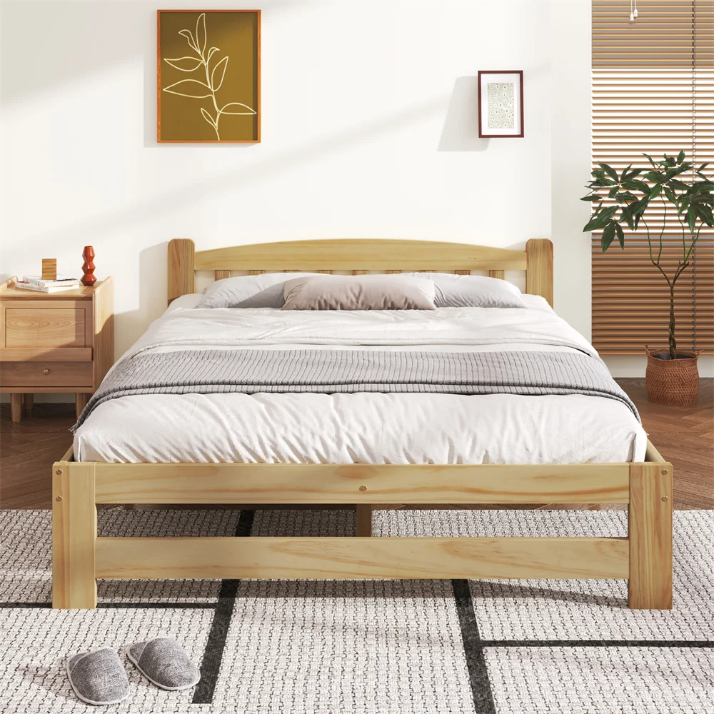 Solid wood bed 140x200 cm, futon bed, double bed with headboard and slatted frames, youth bed, natural, without mattress
