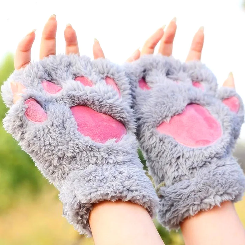 

New Kawaii Fluffy Cat Paw Claw Gloves Warm Soft Plush Fingerless Bear Paw Half Finger Gloves Women Winter Wear Christmas Gift