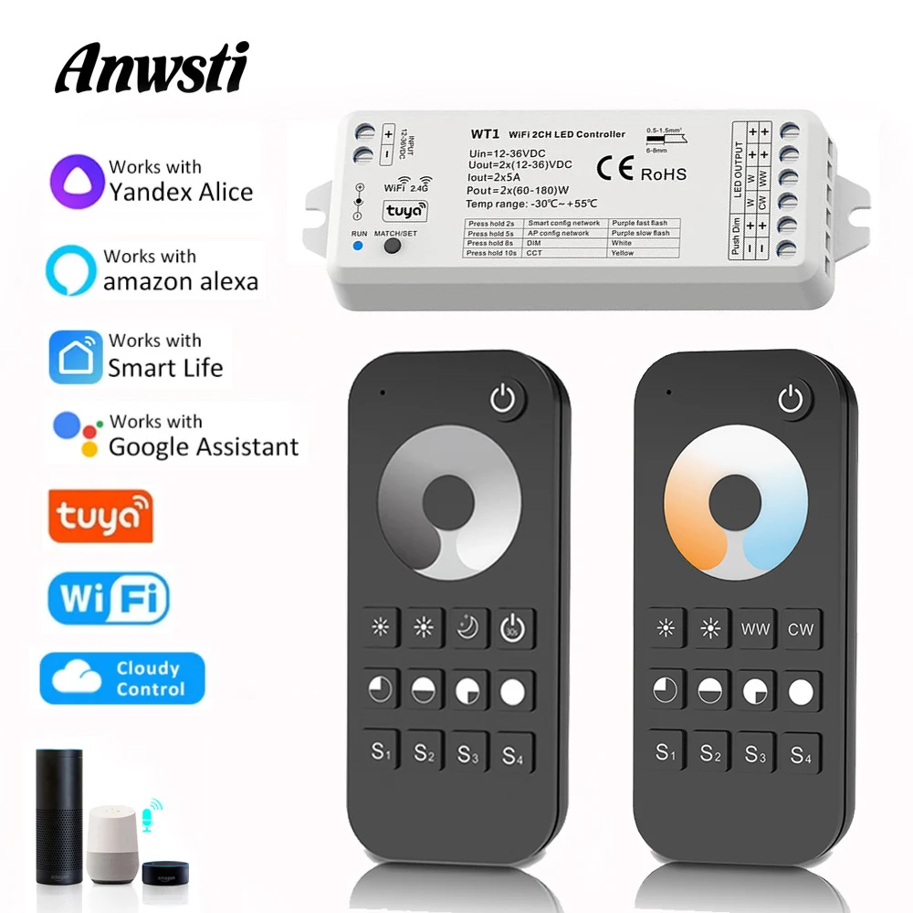

Tuya LED Dimmer Switch 12V 24V 36V Wireless RF Remote Control WW CW Strip Wifi Controller Work with Smart Life Google Assistant