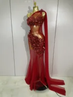 Sexy One Shoulder Shiny 3D Floral Mesh Transparent Maxi Dress 2025 Evening Party Birthday Wedding NightClub Bar Stage Costumes - Image 2