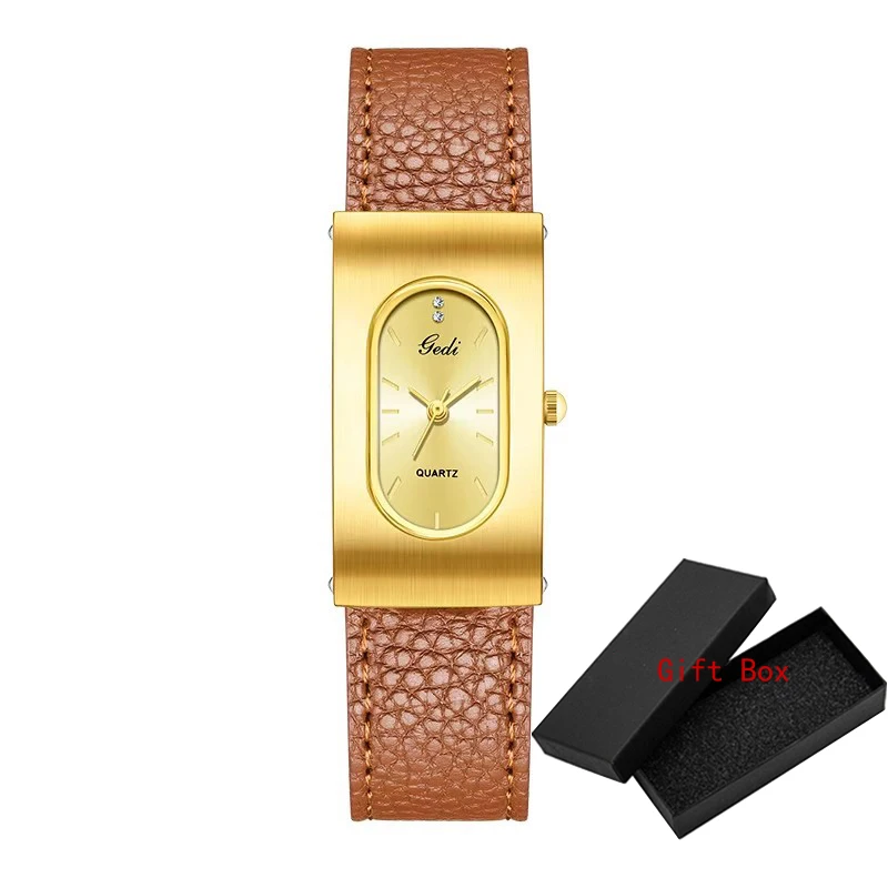 שעון יוקרה מותג מוביל Gedi Fashion עם מנגנון קוורץ, מסגרת מלבנית, מסגרת ריבועית, רצועת עור שחורה וחום, שעון וינטאג' לנשים