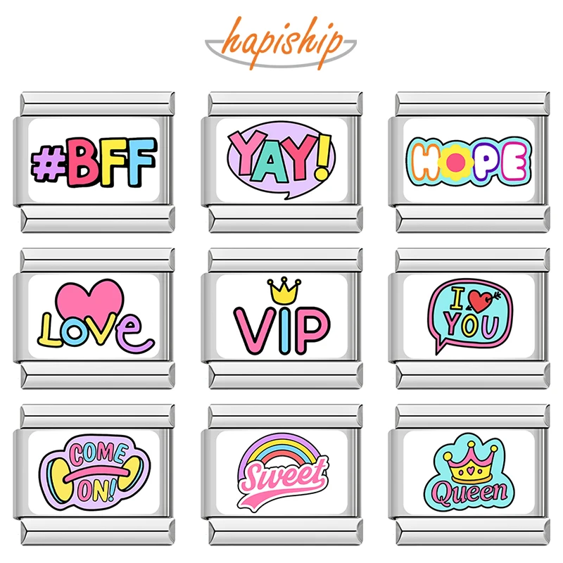 Hapiship 2024 nuevas mujeres de color ajuste 9mm de acero inoxidable italiano dijes pulsera eslabones cuentas esperanza amor reina joyería DIY TZ022