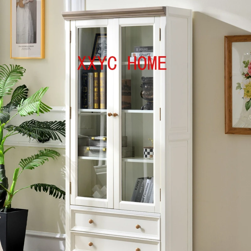 

White Cream Style Solid Wood Living Room Floor Bookcase with Glass Door Integrated Wall Shelf