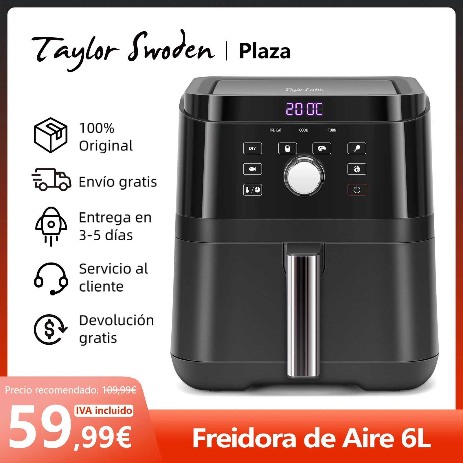 Friggitrice ad aria con capacità di 6 litri friggitrice ad aria senza olio  con Touch Screen a LED + manopola, 6 modalità preconfigurate, temperatura  da 40 ℃ a 200 ℃ regolabile Timer da 60 minuti, BPA gratuito, 1700 W