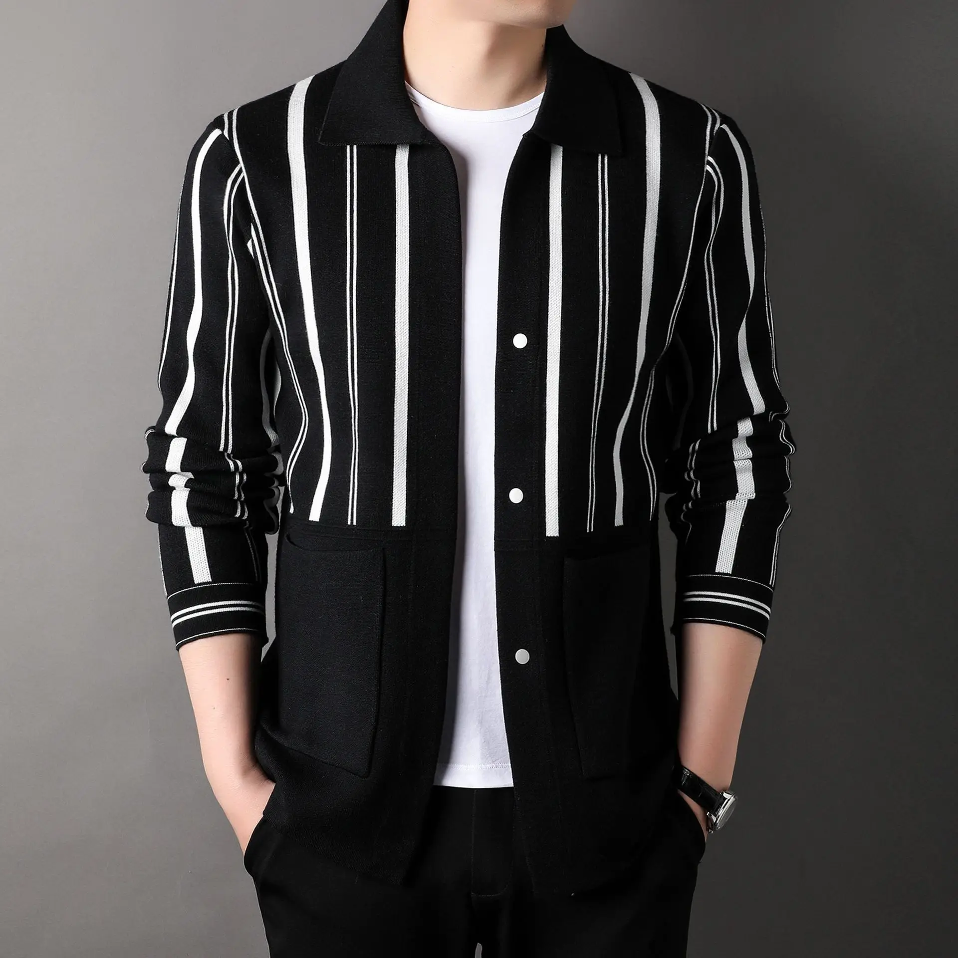 Men's Striped Cardigan Autumn and Winter New Korean Style Lapel Knitwear Long Sleeve Color Matching Daddy Outfit Coat Wholesale tie dye painted jeans women high waist wide leg denim pants hippie loose straight daddy long pants trousers 2022 new