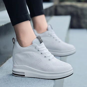 Interior Height Increasing Women Shoes Korean Style White Casual Thick Soled Mesh Flat Shoes Spring Autumn Walking High Heels 1