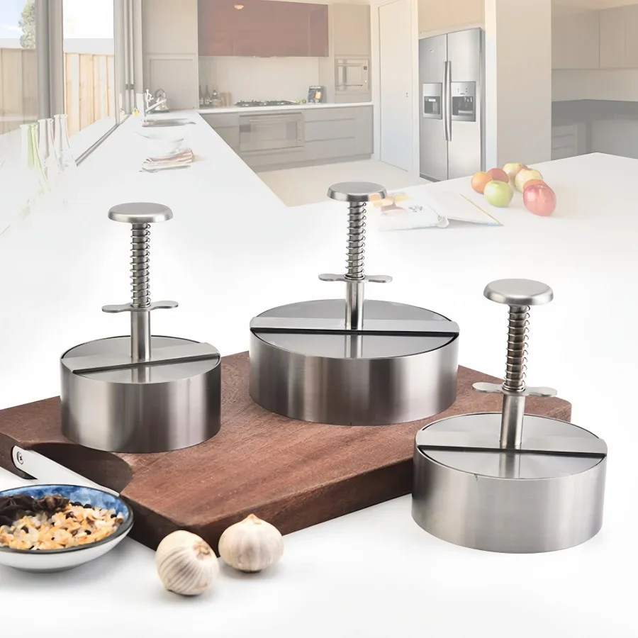 Description Picture 6 of itemHamburger Patty Maker Press 304 Stainless Steel Non-Stick Round Manual Rice Ball Mold Thickness Adjusted Kitchen Beef BBQ Tools