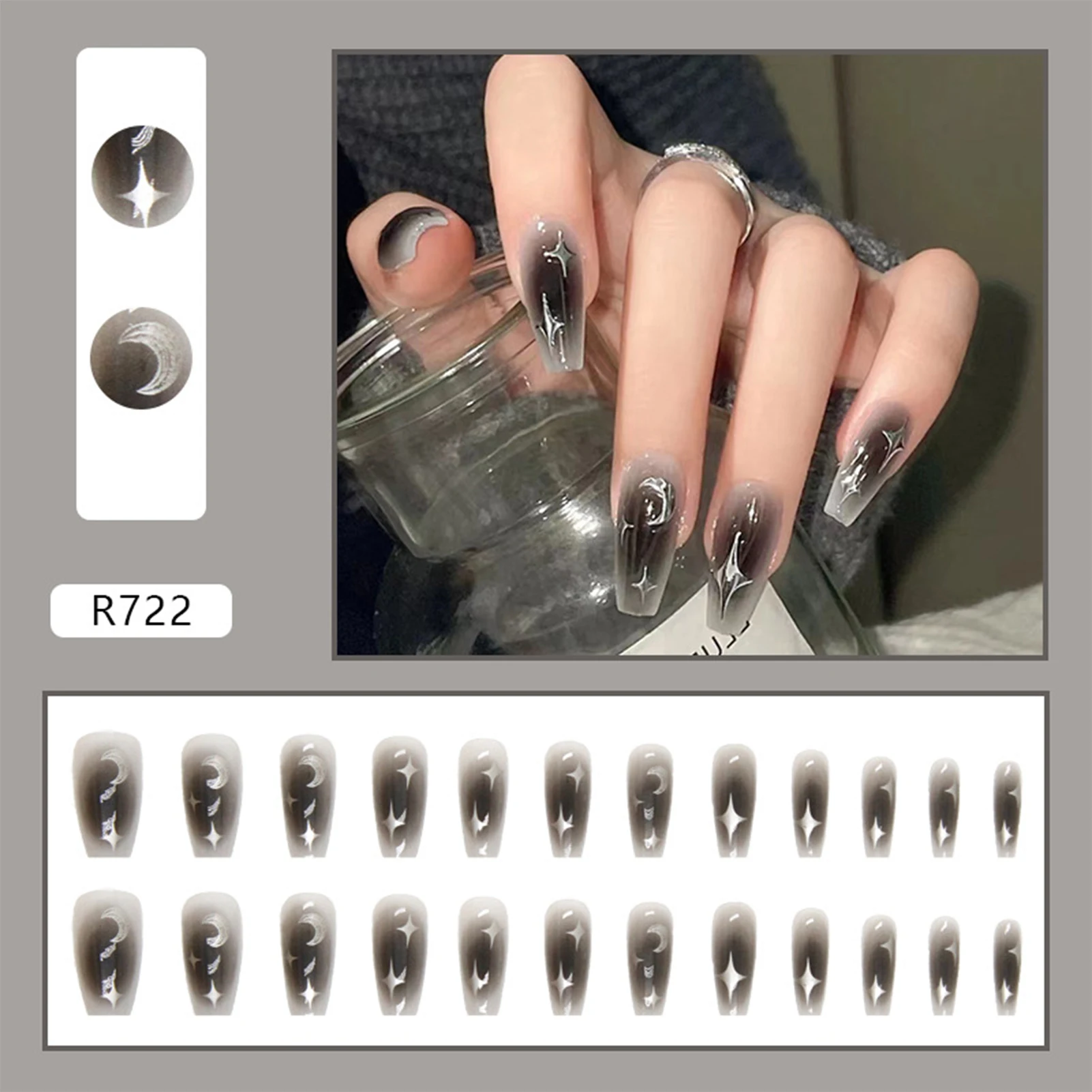 Y2k Black Gradient Press On Nails Long Ballet Reusable Nail Art Set_voghion.com