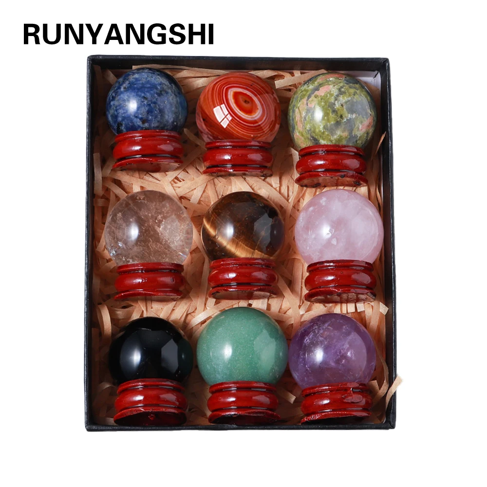 

9pcs/box Natural Amethyst crystal ball Healing Rose quartz Reiki phere Wicca Chakra Massage Globe Trinket Decor With Stand