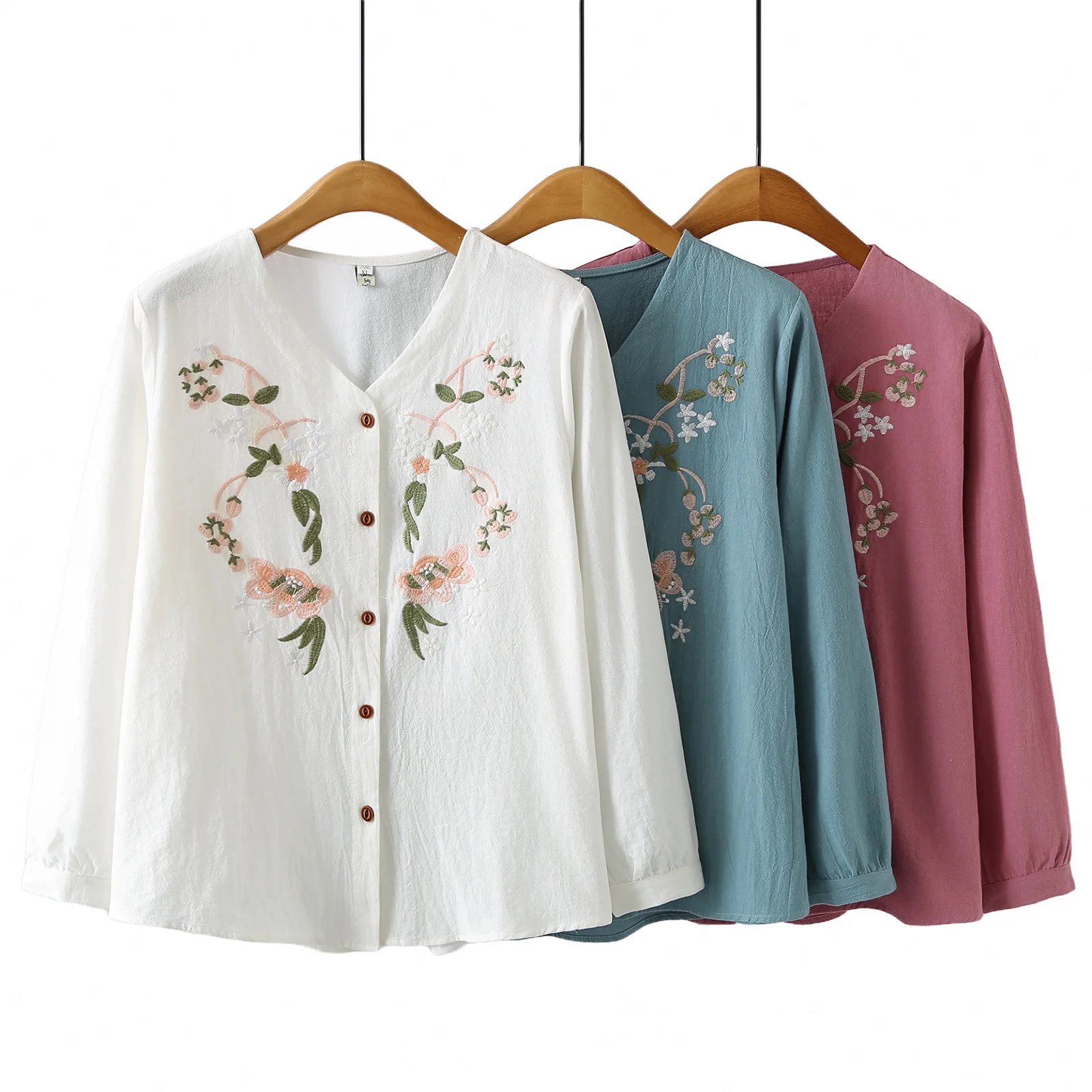Plus Size Women's Blouses Autumn New V-Neck Embroidered Flower Long Sleeve Washed Cotton Linen Shirt 5228