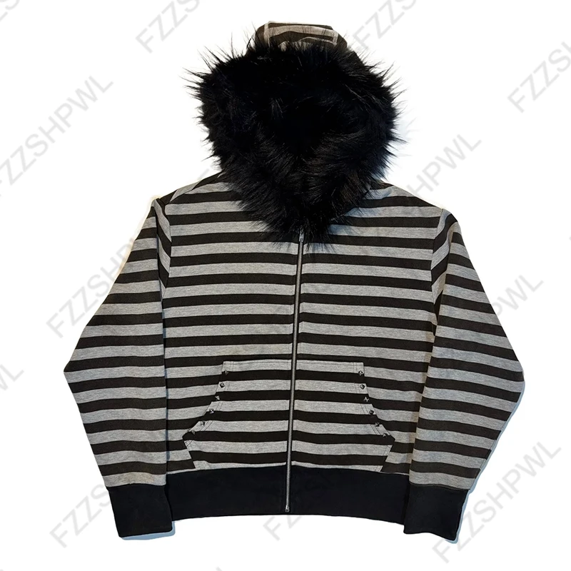 Y2K Fur Hood Zip Up Hoodie Women/Unisex Cotton Goth Streetwear Jacket