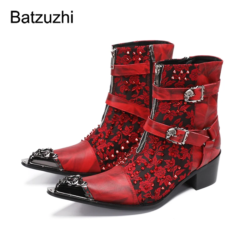 

Batzuzhi Designer's Handmade Men Boots Buckles Zip Iron Toe Red Leather Ankle Boots for Men 6.5cm Heels Punk Man Footwear!