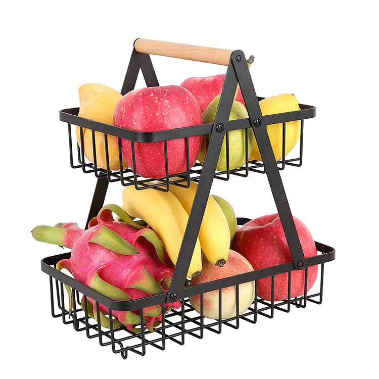 

Dismantling Double Layer Wooden Handle Portable Iron Water Fruit Basket Kitchen Storage Basket Storage Rack Basket