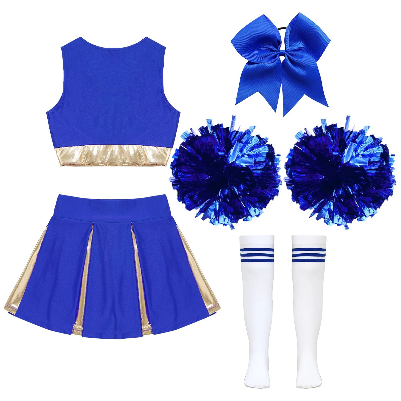 Uniformes de Cheerleader sem mangas para crianças, Crop Top, Saia e Meias, Conjuntos de roupas para meninas da escola