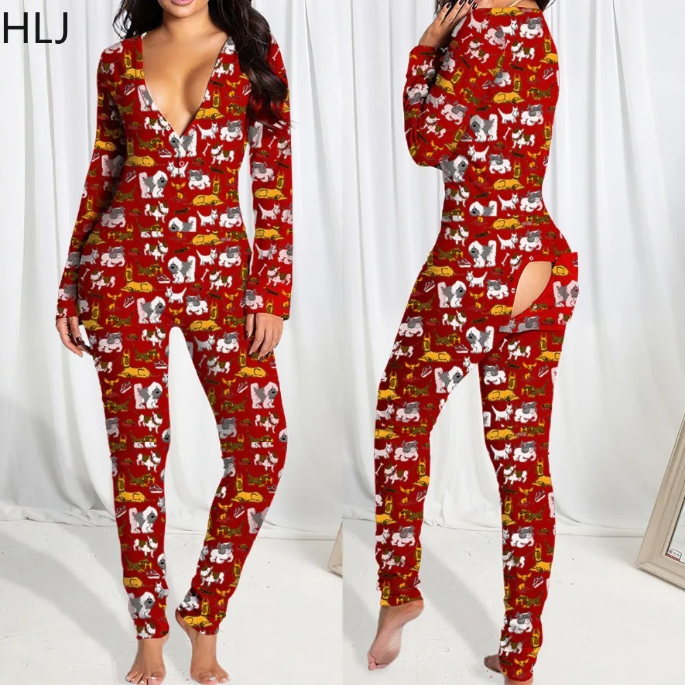 HLJ Fashion Christmas Cartoon Print Jumpsuit Women V Neck Zipper Back Hollow Out Playsuits Casual Female Slim Overalls Pajamas