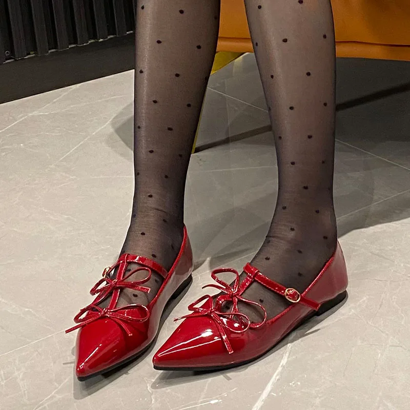 Red Footwear Shallow Flats Shoes For Women Pointed Toe Female Butterfly-Knot Fashion T-Strap Ladies Mary Janes Flats Shoes 5
