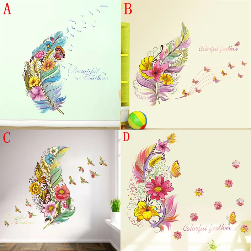 

Fantastic Feathers With Bird Butterfly Flowers Wall Stickers Home Decoration Kids Room Bedroom Bar Shop Mural Art Diy Pvc Decal